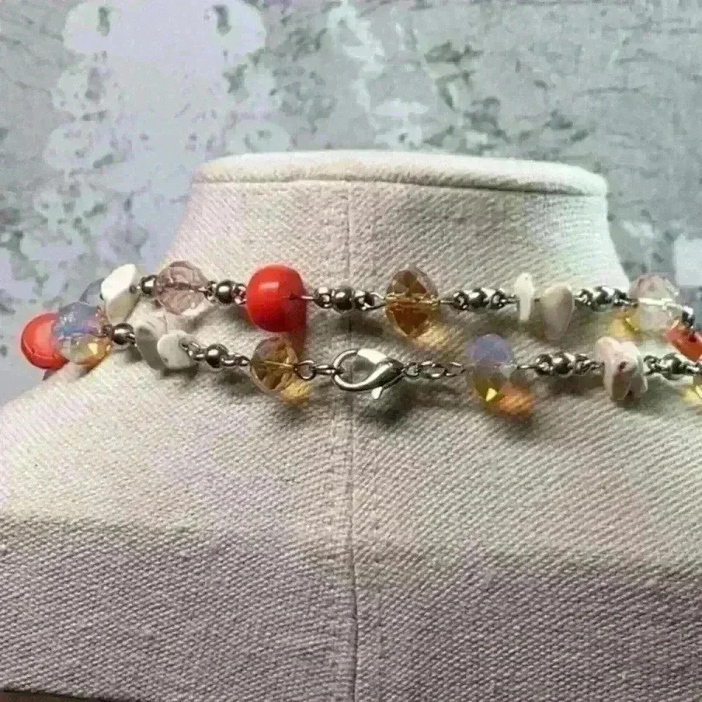 Orange and Silver Glass and Stone Necklace - Picture 5 of 5